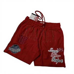 Pantaloncini in cotone rosso anti-piega, vintage, traspiranti, in tessuto pettinato, stile streetwear, con strass <span class=keywords><strong>Scarface</strong></span> e grafiche applicate, servizio OEM - Product Image 4