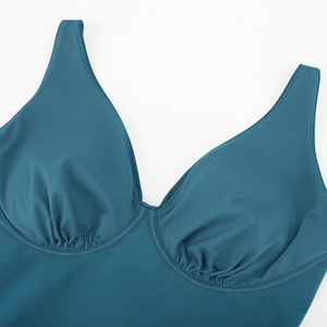 도매 여성 패션 솔리드 컬러 딥 V 원피스 러치드 쉐이핑 메쉬 플러스 사이즈 수영복 탈부착 가능한 패드 포함 - Product Image 5