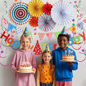 Chúc mừng sinh nhật cờ hiệu biểu ngữ với đầy màu sắc giấy vòng tròn chấm vòng hoa giấy người hâm mộ treo xoáy treo sinh nhật đảng trang trí nội thất thiết lập - Product Image 6