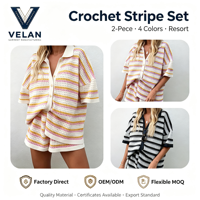 Ensemble pyjama respirant pour femme VELAN Factory, rayé, boutonné, manches courtes, haut en tricot crochet color block et short, 2 pièces