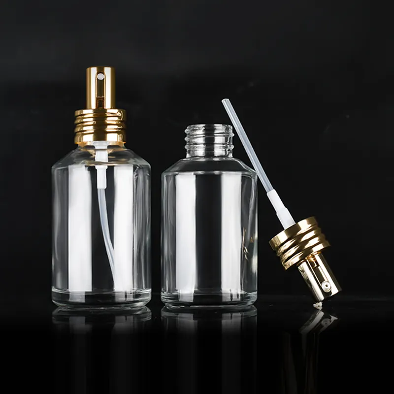 Emballage de soins de la peau 15ml 30ml120ml parfum d'huile de barbe bouteilles en verre d'épaule oblique avec couvercles de pulvérisation d'or