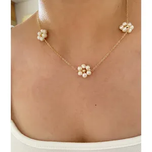 Triple Flower Natural Freshwater Pearl Necklace 14K Gold Plated Beaded Necklaces for Women Romantic Bohemian Handmade Jewelry