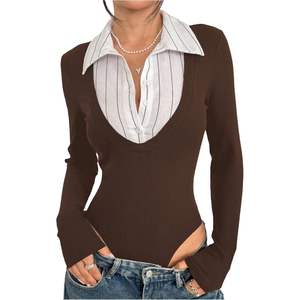 Body de punto elástico a rayas de manga larga con cuello camisero para mujer, estilo preppy - Product Image 5