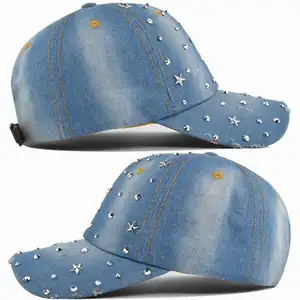 Wholesale Five-pointed Cowboy Hat With Drill Points Vintage Washed Baseball Cap Diamond Denim Cap Shade Baseball Cap For Couples
