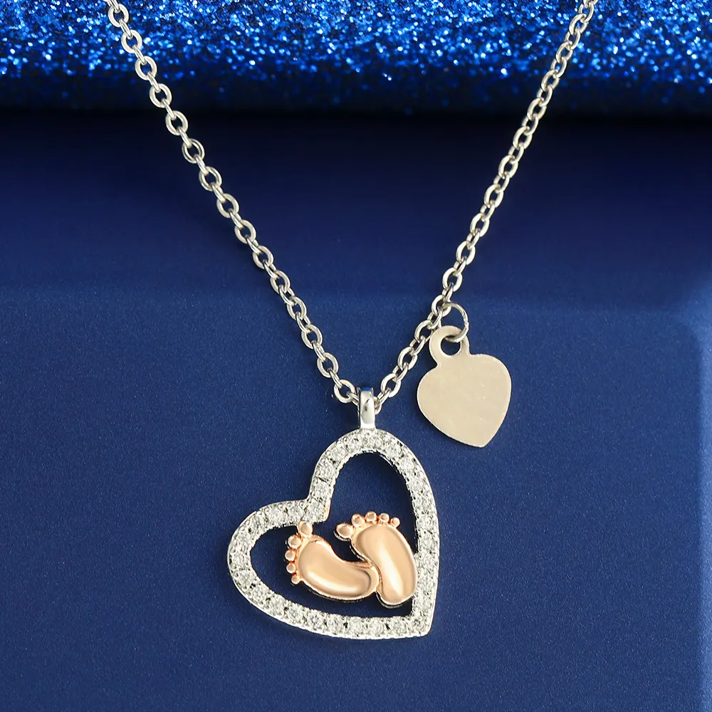 Baby Voetafdrukken Hart Inlay Hanger Ketting Maternal Love Footprint Love Heart Ketting Voor Moederdag