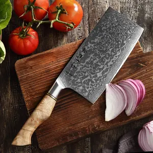 Damascus Knife Kitchen 67 Layers Damascus Steel Carbon Steel Kitchen Vegetable Cleaver Knife With Figured Sycamore Wood Handle