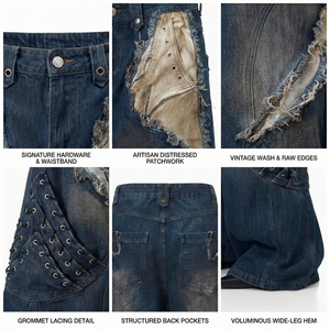High Street Low Cost Vintage Patchwork Baggy <b>Jeans</b> Women Heavyweight Distressed <b>Raw</b> <b>Hem</b> Wide Leg Denim Pants Side Lace Fashion - Product Image 4