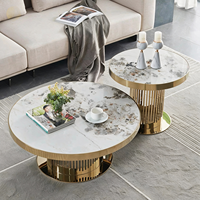 Table basse gigogne de luxe en pierre frittée ronde avec bande verticale dorée en acier inoxydable, ensemble de tables à thé personnalisées pour salon