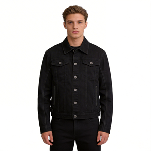 Veste en jean pour homme, style trucker, en polyester/coton épais, noire unie, grande taille, avec logo personnalisé, veste en jean décontractée pour homme - Product Image 2