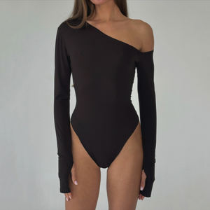 2025 Women's Long Sleeve Bodysuit Backless Cut-Out Off-Shoulder Asymmetrical Neck Stretch Knit Spandex/Polyester Patchwork <b>Yoga</b> - Product Image 6