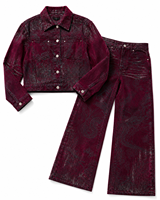 Ensemble de costume Tang pour femme avec veste courte classique à rayures bordeaux et pantalon large à imprimé pailleté