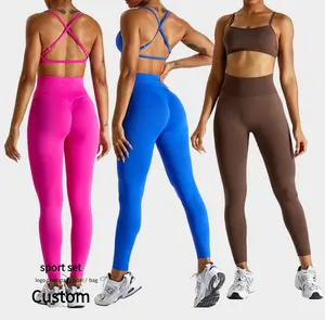 Commercio all'ingrosso sport senza soluzione di continuità 2 pezzi reggiseno da palestra Lifting dell'anca accartocciato Leggings da corsa tuta da allenamento personalizzato da donna attivo Set