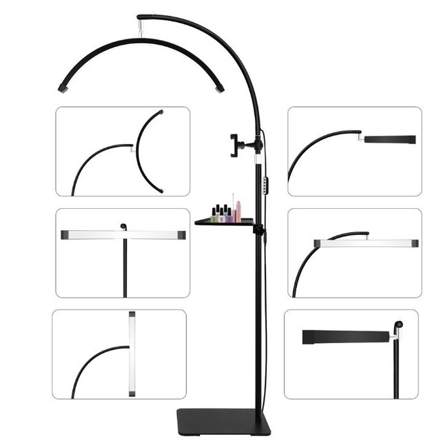 Beauty LED Half-moon Nail & Eyelash Floor Lamp Remote Control Adjustable Height Aluminum Construction 23 Inches for Office Use