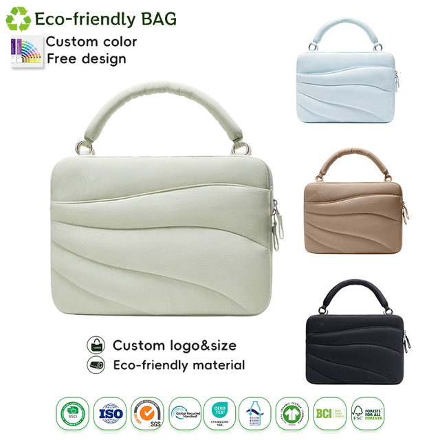 Custom Logo Quilted Puffy Soft Notebook Case Bag Eco-friendly Recycled-Nylon Laptop Bag Portable Women's Laptop Sleeve Handbag