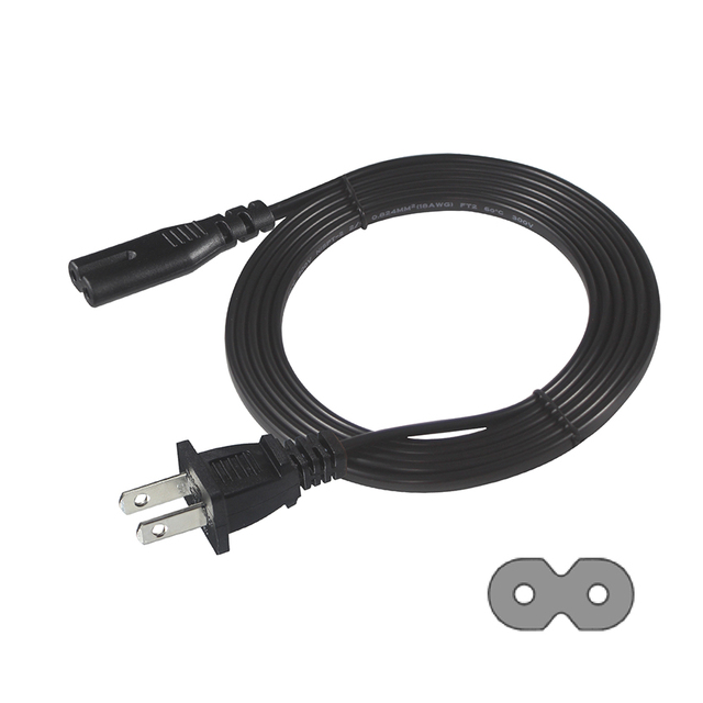 Figure 8 Power Cord 2 Prong With Copper Wire Core Non Polarized NEMA 1-15P to C7 Black 8 Feet 2.4 Meter Power Cable