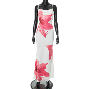 Robe longue en mousseline de soie à fleurs vintage d'été et d'automne, sans bretelles, épaules dénudées, <span class=keywords><strong>sexy</strong></span>, ajustée, pour les vacances à la <span class=keywords><strong>plage</strong></span> - Product Image 2
