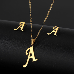 Stainless Steel Gold Plated Initial Letter Pendant <strong>Necklace</strong> Earrings Jewelry Set A-Z Alphabet Trendy Wome - Product Image 2