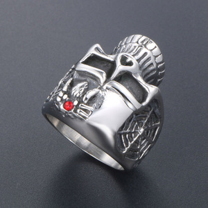 Skull <b>Ring</b> Men's <b>Titanium</b> Steel Geometric Design Red Gemstone Inlay Gift Jewelry SA875 - Product Image 3