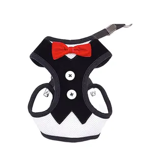 Velvet red bowtie gentleman suit boy denim dog tuxedo custom harness vest for dogs with handle