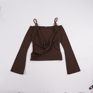 Haut décontracté à manches longues évasées, à épaules dénudées, orné de perles, effet superposé, coupe drapée, style vintage bohème, flatteur et tendance - Product Image 6