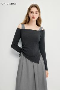Ensemble deux pièces moderne pour femmes haut à manches longues à épaules dénudées <span class=keywords><strong>jupe</strong></span> Maxi grise tenue de mode à la mode - Product Image 2