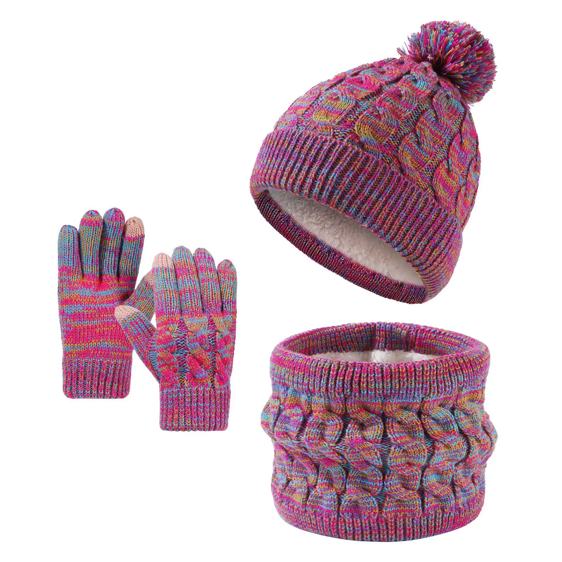 Grosir Set syal sarung tangan topi musim dingin termal anak Logo kustom mode, Beanie rajut hangat akrilik 100% dengan Pom untuk anak-anak