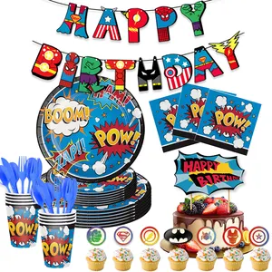 Nicroo Super Hero Party Supplies Vaso de papel Plato de papel Servilletas Cubiertos Super Hero Theme Kids Birthday Party Vajilla Set