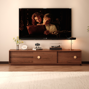 Meuble TV en noyer de style Mid-century moderne avec poignées rondes en bois, buffet de rangement grande capacité pour projets résidentiels - Product Image 3