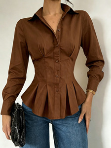 Blusa Casual de Mujer con Solapa, Volantes, Manga Larga, Cintura Fruncida y Plisada, Ajuste Delgado - Product Image 5