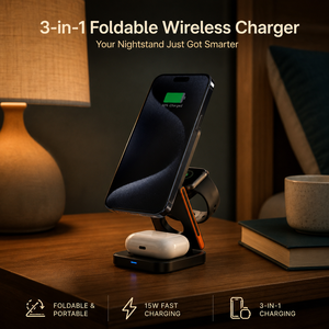 Chargeur sans fil pliable 3-en-1 OEM en gros, station de charge rapide 15W pour téléphone, écouteurs et montre, logo personnalisé, direct usine - Product Image 1