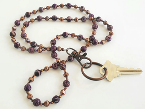 Cordón Personalizado Retro con Cuentas de Jaspe, Porta Credenciales, Color Morado, Cobre Antiguo, Piedras Preciosas Naturales - Product Image 3