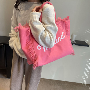 Bolso de Hombro Abierto de Lona de Gran Capacidad con Letras de Moda SANGOR para Mujer, Bolso Tote Sencillo para el Día a Día con Borla - Product Image 3