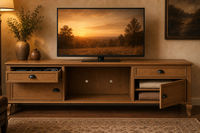 Meuble TV vintage américain en chêne avec rangement pour téléviseurs de 55 pouces, construction en contreplaqué, meuble de salon