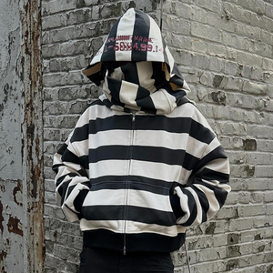 Manufacturer Custom Heavyweight Cotton French Terry Oversized Streetwear Stripe Double <strong>Hood</strong> <strong>Zip</strong> up Hoodies for Men - Product Image 1