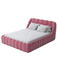 Cabecera de Madera Tapizada en Terciopelo Rosa de Diseño Europeo de Lujo Ligero, Estructura de Cama Doble para Niños