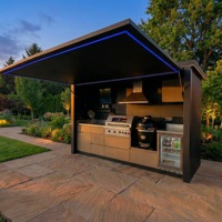 Îlot de cuisine extérieur moderne de luxe en acier inoxydable 304 avec auvent motorisé pour villa, mobilier d'extérieur pour jardin