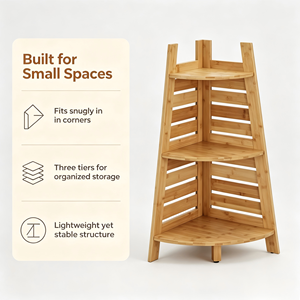 Scaffale angolare a 3 livelli in bambù naturale <span class=keywords><strong>salvaspazio</strong></span> per il <span class=keywords><strong>bagno</strong></span>, con design a doghe ventilate per articoli da toeletta e decorazioni. - Product Image 4