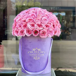 Custom Velvet Luxury Rigid Paper Hat Gift Packaging Florist Portable Flower Box Round Floral Boxes