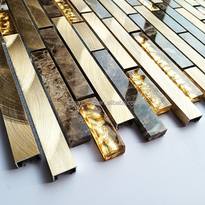 <span class=keywords><strong>Mosaico</strong></span> in Vetro Laminato <span class=keywords><strong>a</strong></span> Forma di Striscia Lunga Color Oro, Design Moderno per Decorazione Interna, Piastrelle Murali Miste in Marmo - Product Image 6