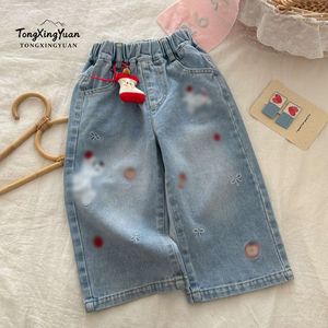 TongXingYuan Girls Jeans High Waist Washed Soft Wide Leg Pants Korean Style For Little Girls - Product Image 2