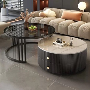 Tavolini da Caffè di Lusso Rotondi per Soggiorno, Tavoli Centrali in Marmo Nero e Vetro, Moderni Tavolini da Caffè di Lusso in Marmo - Product Image 5