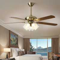 Ventilateur de plafond LED classique de 52 "avec corps en bois massif 6 vitesses 5 lames chaîne de traction télécommande et lampe Daining Teble