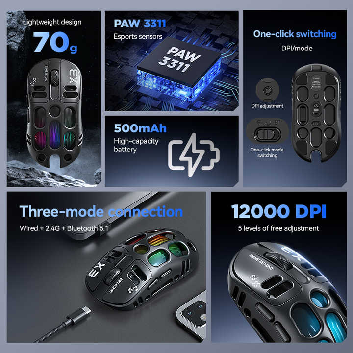 T-WOLF X3 Gaming Mouse - 12000DPI, Wireless, and Ergonomic