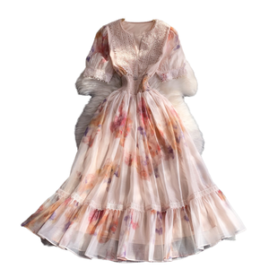 Abito Estivo Personalizzabile Stile Vacanza con Vita Impero, Scollo a V, Maniche a Sbuffo in Pizzo, Casual, Lunghezza Midi, Stampa Floreale Rosa Effetto Pittura a Olio per Donne - Product Image 1