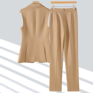 Women's Pink Suit <b>Set</b> Sleeveless <b>Blazer</b> Pants Solid Color Polyester Anti-Wrinkle Professional Workwear - Product Image 3