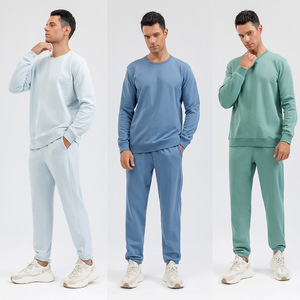 Men's Sweatshirt Set Solid Color French Terry Crew Neck Jogger Pants Spring Autumn Loose Fit European Style - Product Image 4