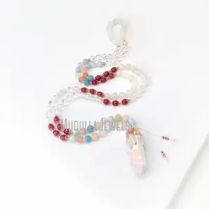 MN43556 Goddess Mala With Ruby Rainbow Moonstone Morganite And Rainbow Mystic Aura Quartz 108 Mala Prayer Beads Necklace