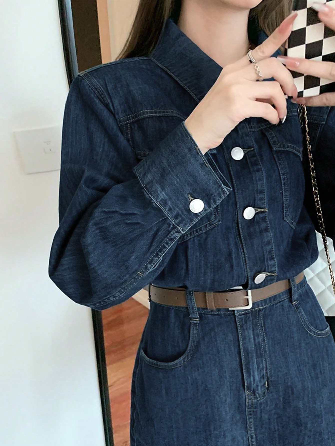 korean simple denim dress BXCNCKD Summer Denim Dress Korean Style Fashion Waist Slim Short-Sleeved Denim Dress (Dark Blue, S) at Amazon Women's Clothing store