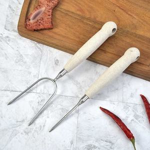 Manche en <span class=keywords><strong>paille</strong></span> de blé Plus Fourchette télescopique en acier inoxydable pour barbecue Ensemble d'outils de barbecue 2 pièces - Product Image 5