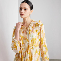 Robe longue 100 % soie de mûrier à imprimé floral pour femme, élégante, vintage, avec encolure à volants, taille haute, coupe trapèze, collection Printemps 2026
